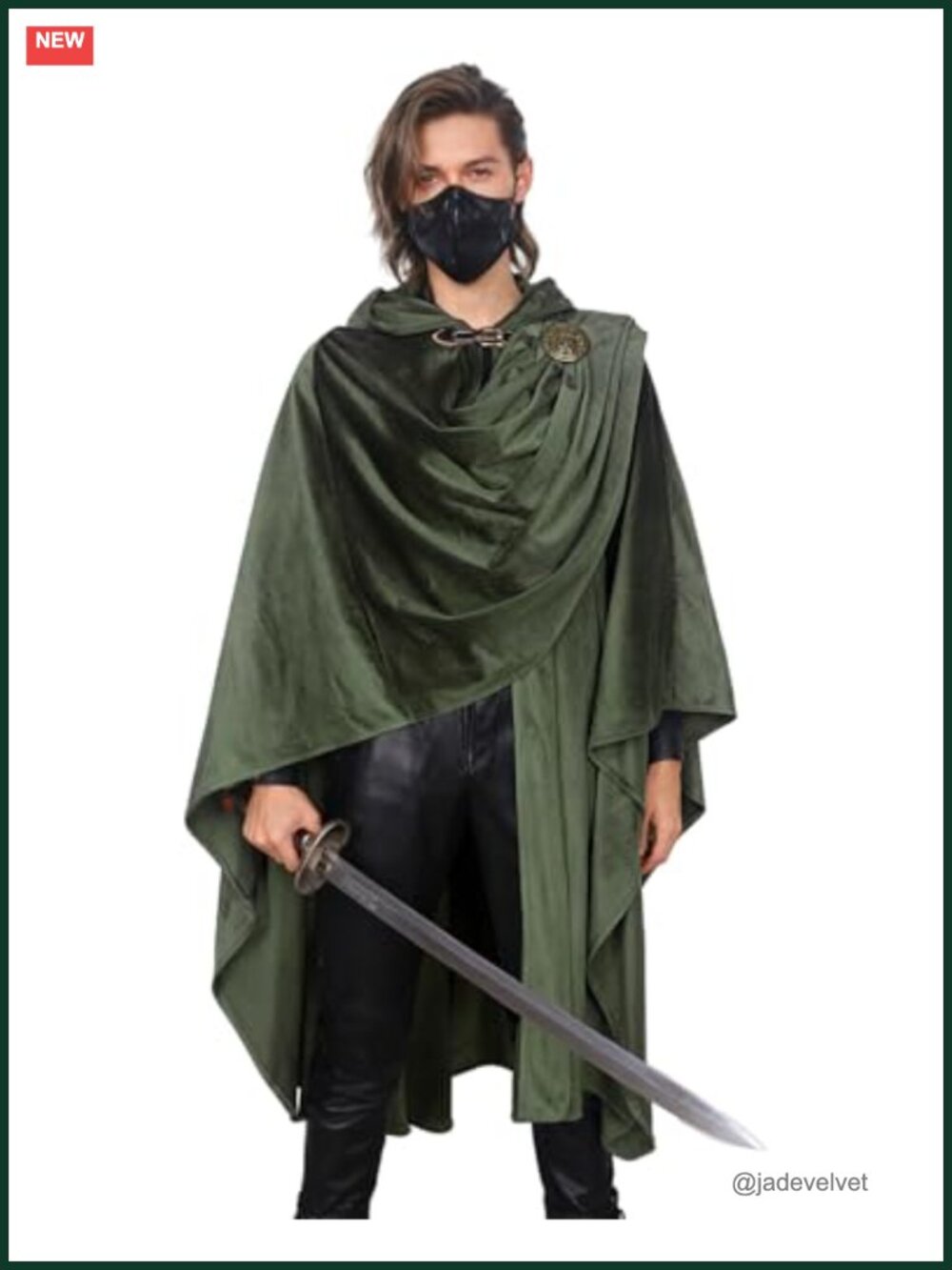 Medieval Hooded Cloak Renaissance Warrior Wizard Cape with Brooch Velvet